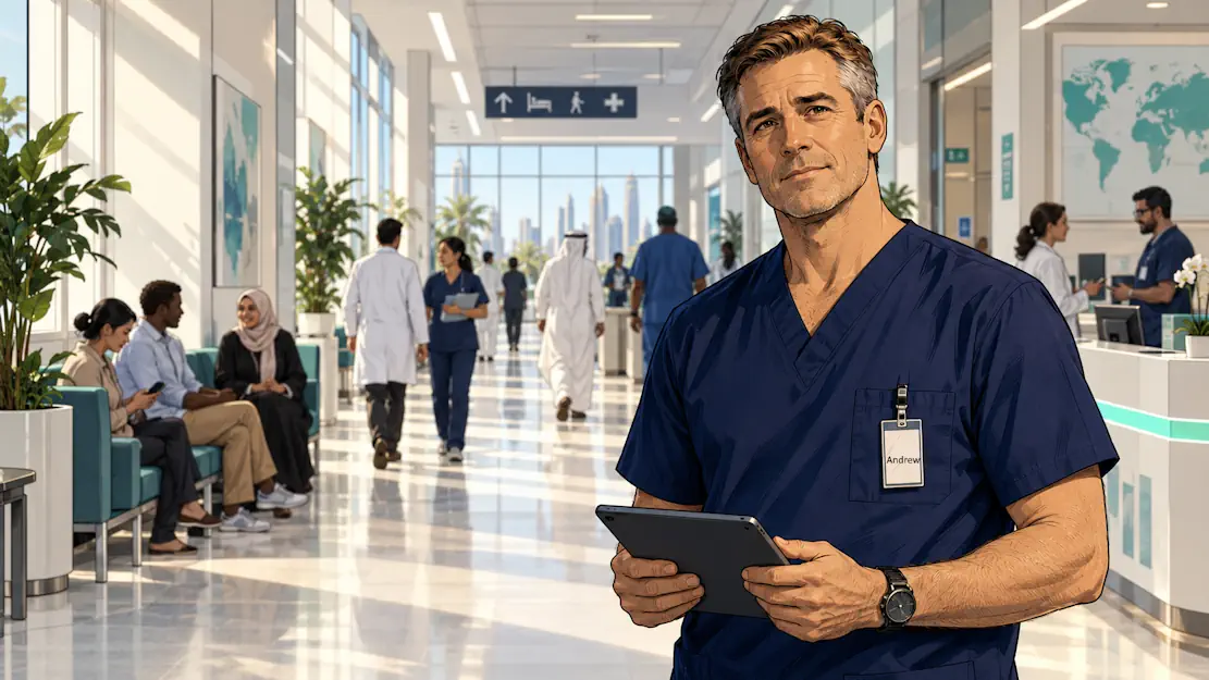 Andrew in navy medical scrubs in a bright hospital corridor